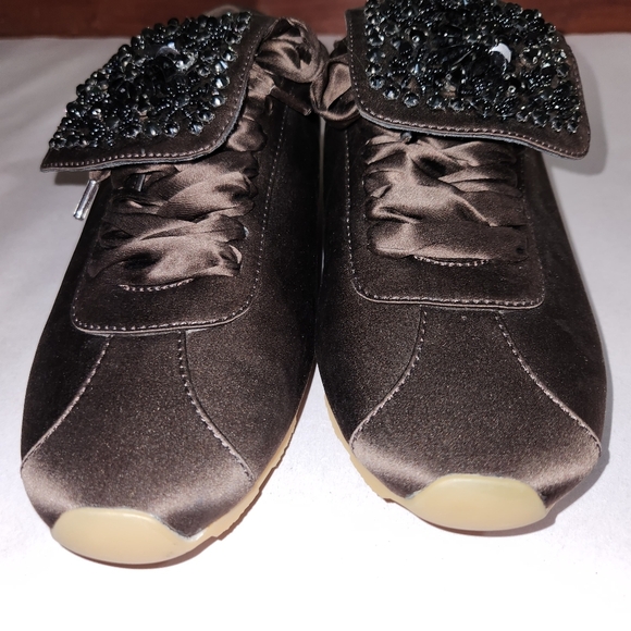 Anthropologie Jeffrey Campbell Shelter Sneakers Brown Satin Black Beaded 10 - Picture 9 of 10